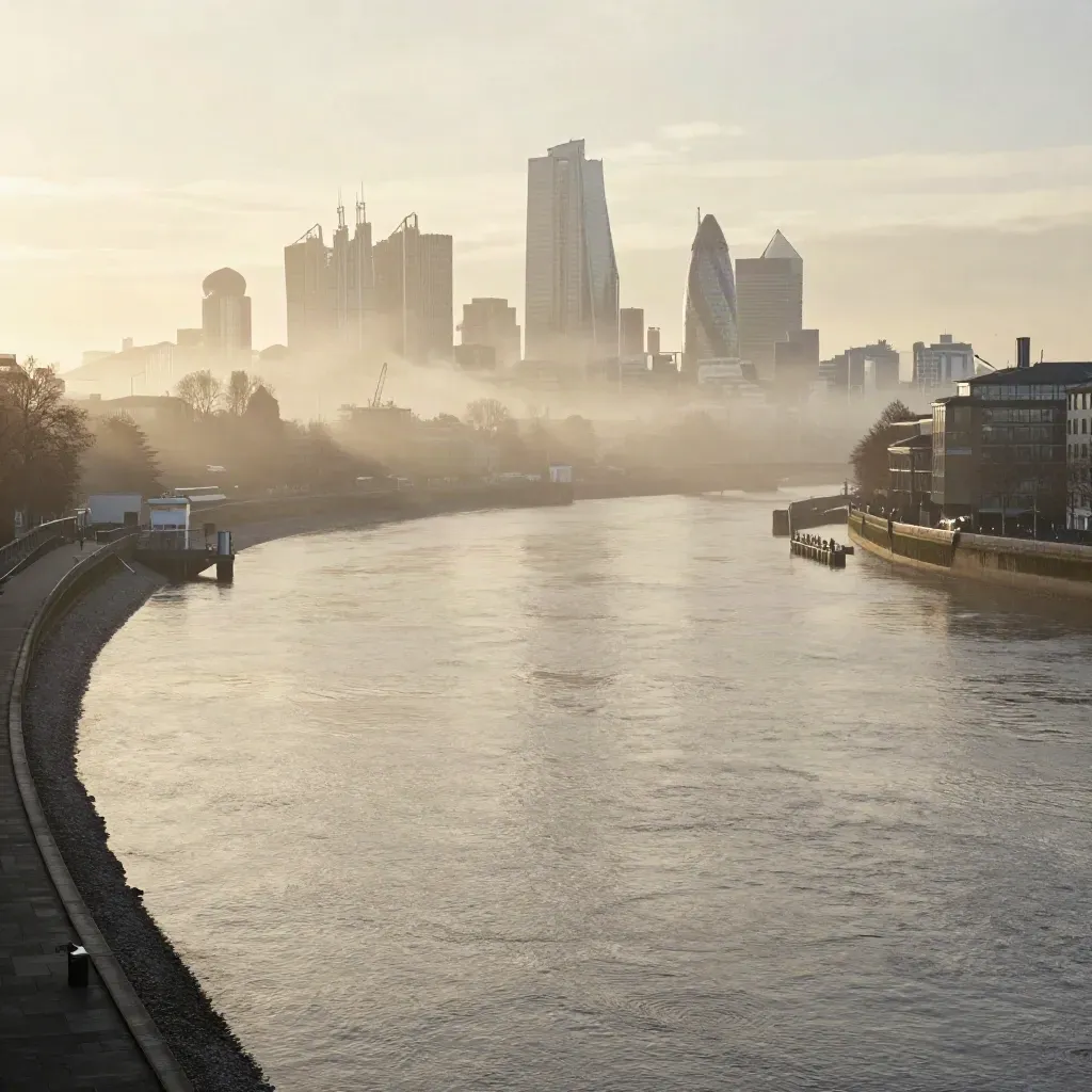 Hazy dawn view of the Thames, City towers and a quiet pier above calm water
