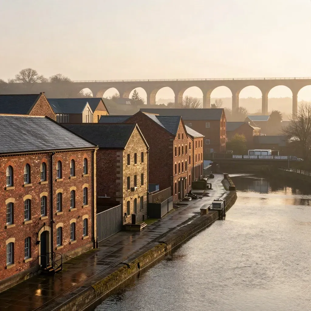 Hazy golden-hour view of red-brick canal warehouses and a distant viaduct over calm water.