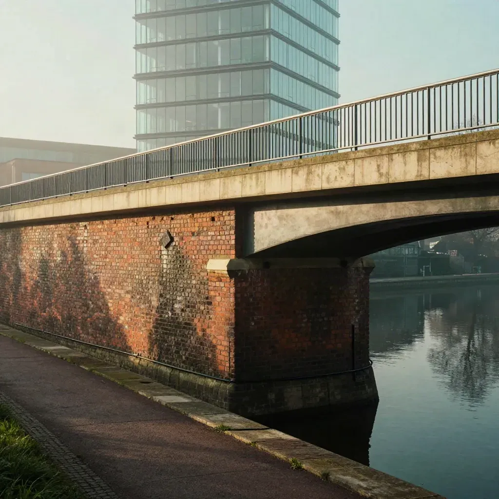 Birmingham canal basin and glass landmark in warm haze, with calm water below for copy.