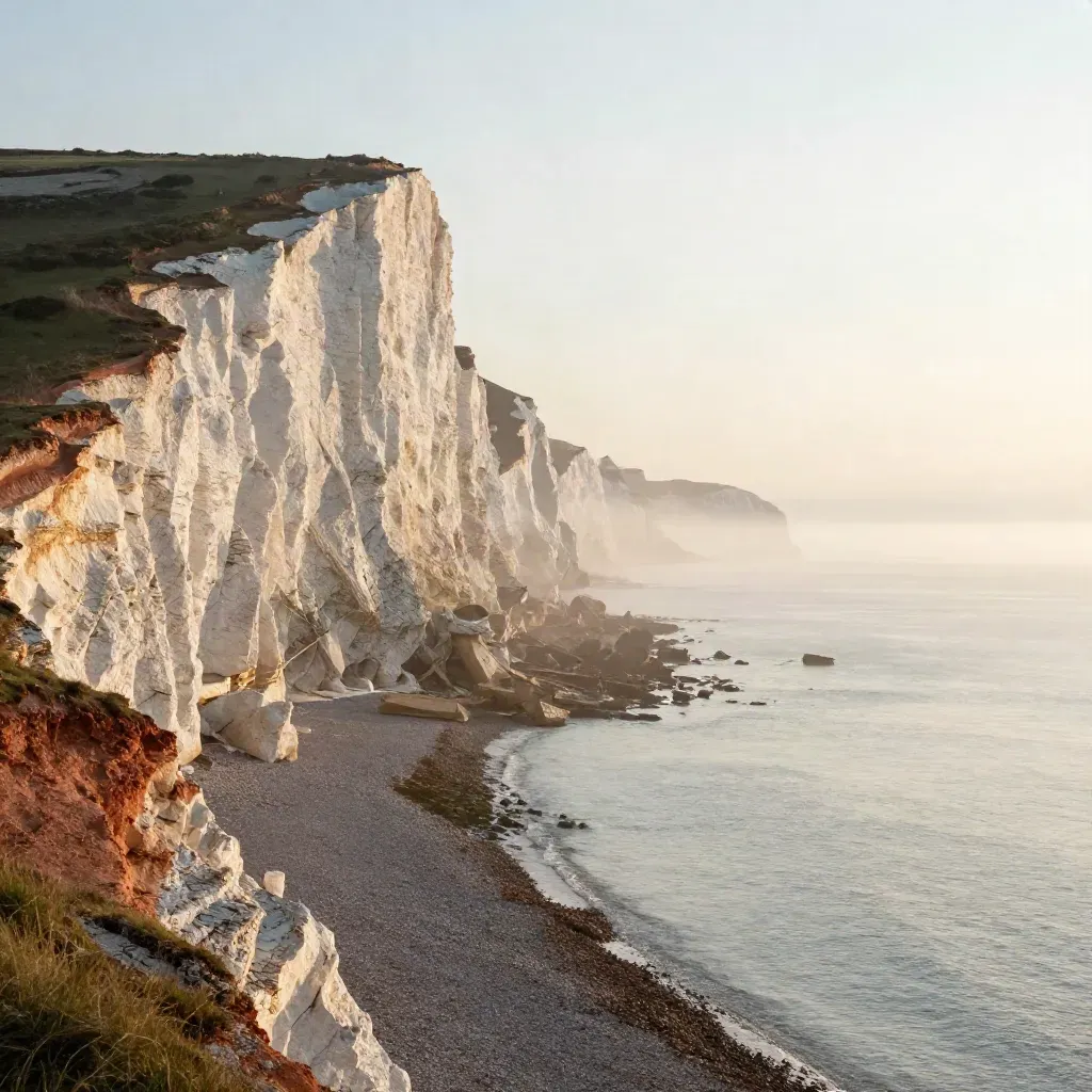 Chalk cliffs and misty South East England coast at sunrise