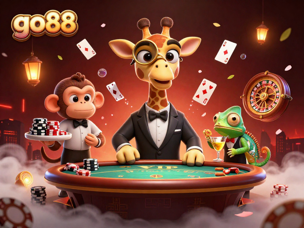 Join the fun at go88 with a high-roller giraffe and vibrant casino elements!