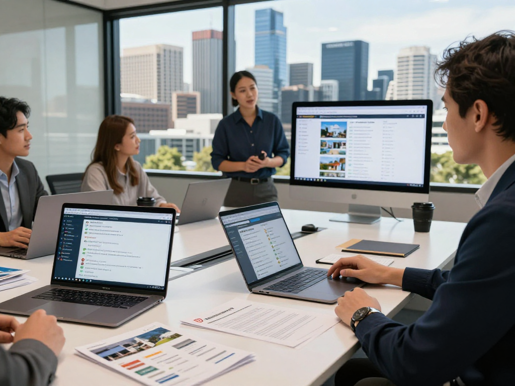 Best Airbnb managers in Melbourne discussing strategies in a modern office setting, showcasing vibrant city views.