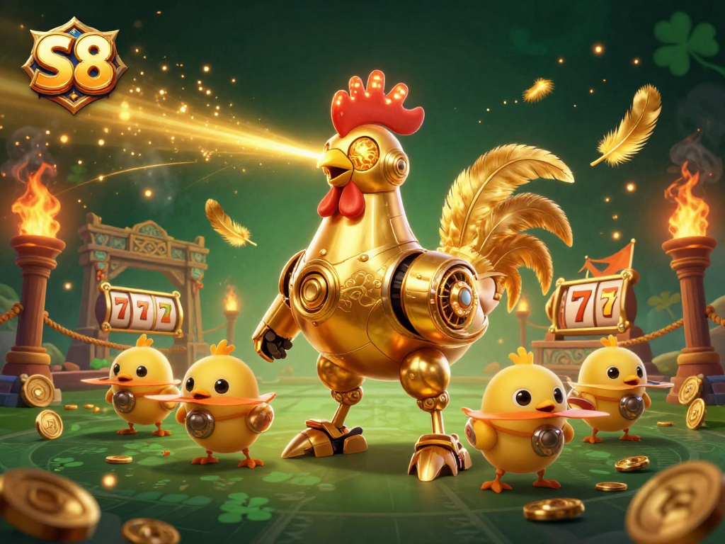Experience thrilling action with S8's golden rooster robot and slot reels in a vibrant 3D gaming scene.