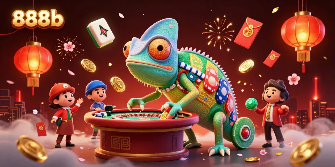 Experience the thrill of 888b casino with a vibrant chameleon character in action.