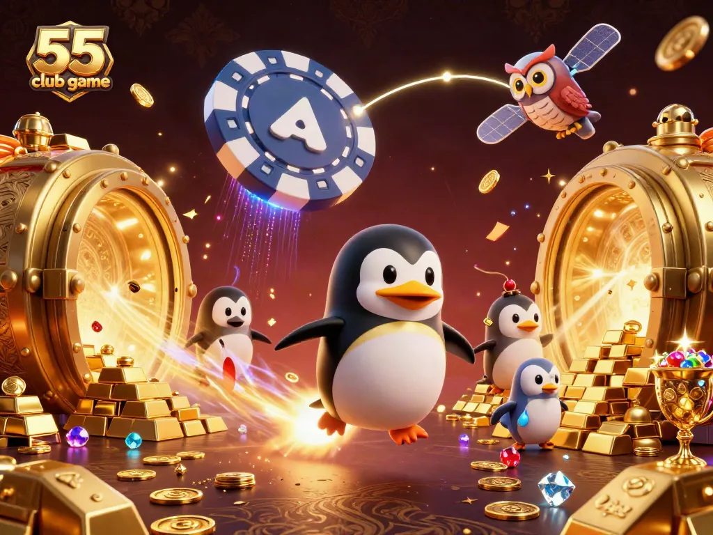 Engage with the thrilling 55 club game scene featuring a golden penguin and casino elements.