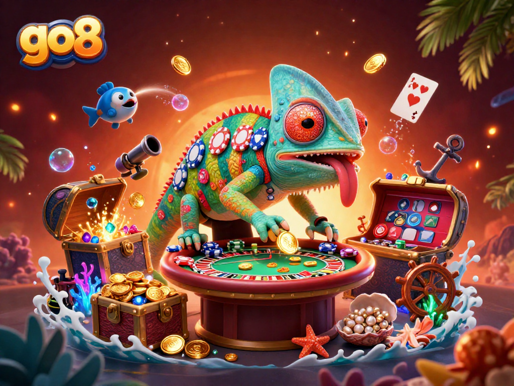 Experience go8's vibrant casino atmosphere with colorful chameleon and treasure elements.