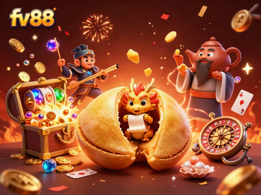 Experience the excitement of fv 88 with a vibrant casino scene featuring slot reels, dragon guardians, and golden treasures.