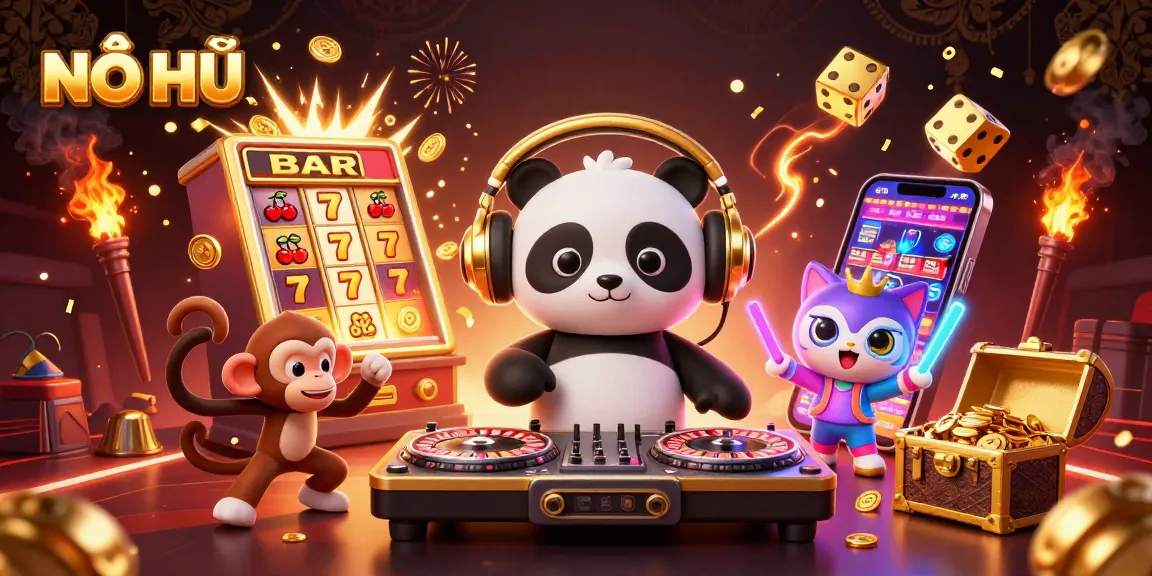 NỔ HŨ activates the jackpot fun with a vibrant 3D scene featuring dazzling characters and slot machines.