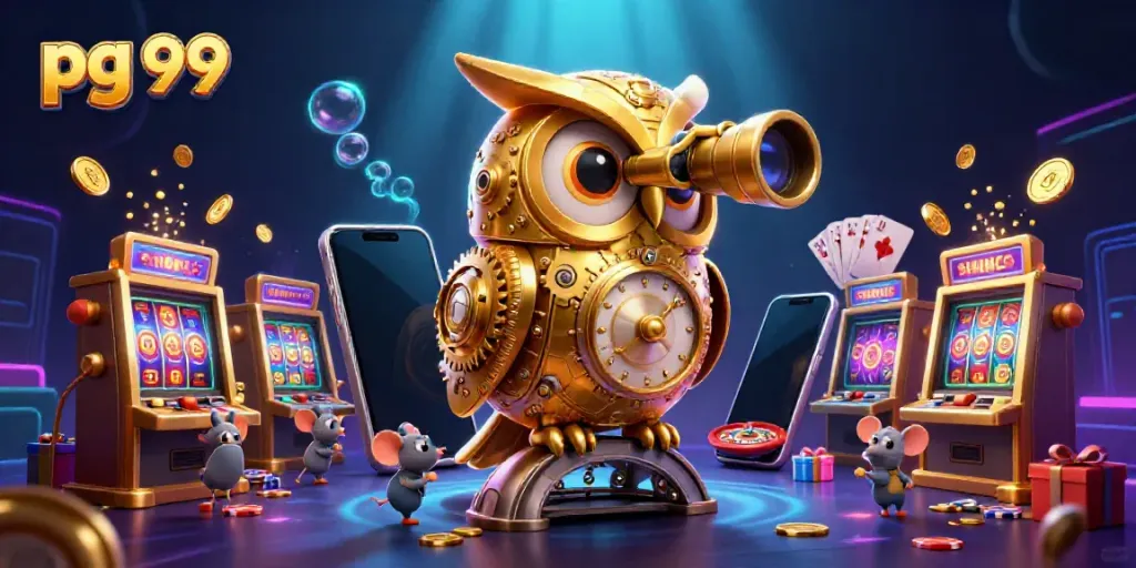 pg 99 showcases a fantasy casino scene with a golden owl overseeing lively mouse players.