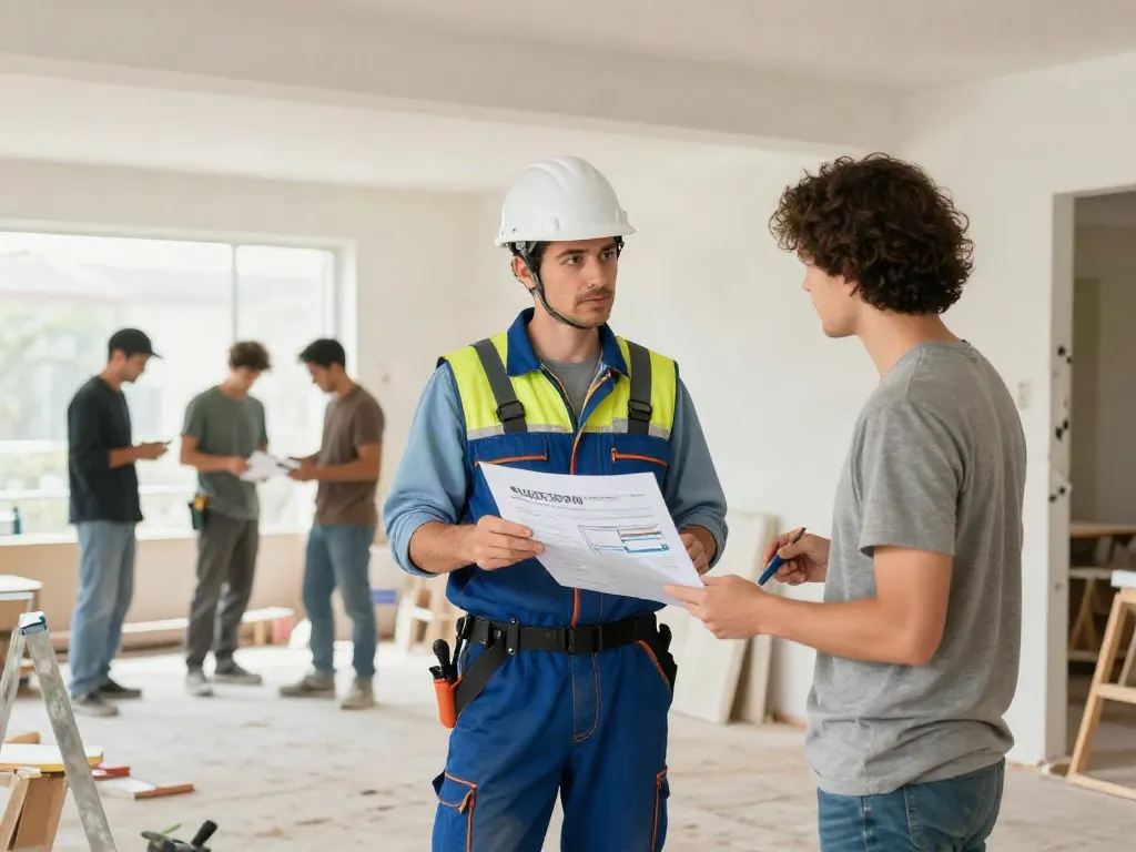 Trusted contractor discussing slot toto project with homeowner in well-lit renovation site.