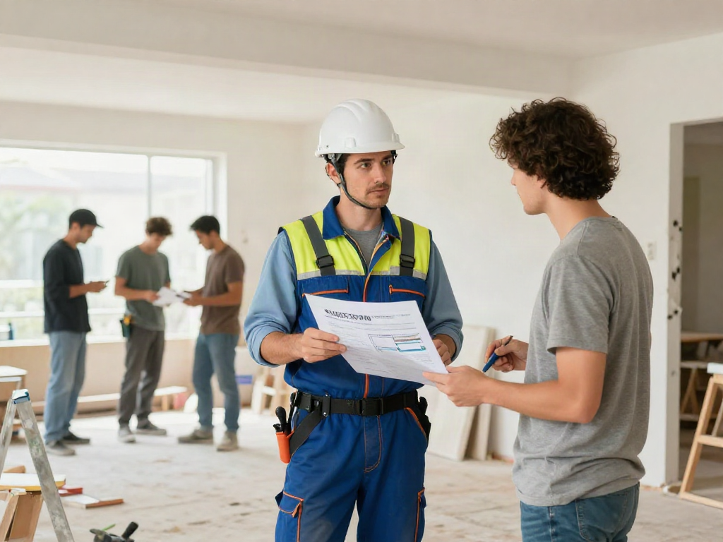 Trusted contractor discussing slot toto project with homeowner in well-lit renovation site.