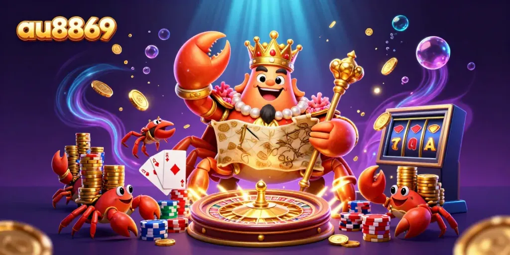 Join the golden crab emperor and his treasures in this vibrant au8869 casino scene!
