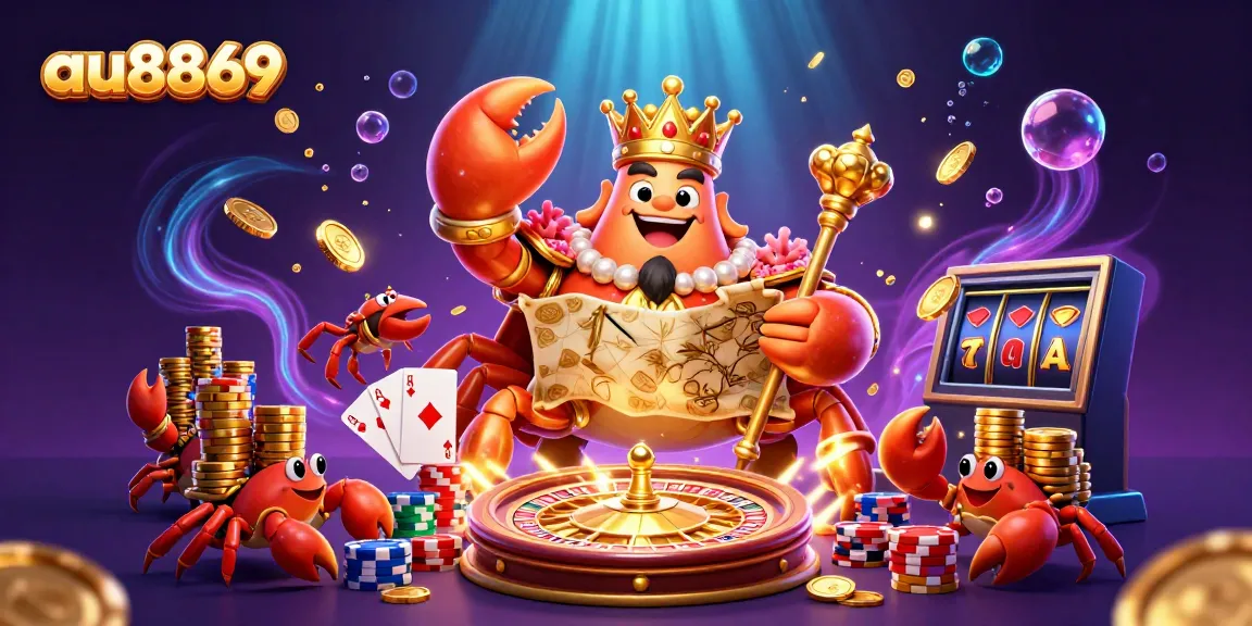 Join the golden crab emperor and his treasures in this vibrant au8869 casino scene!