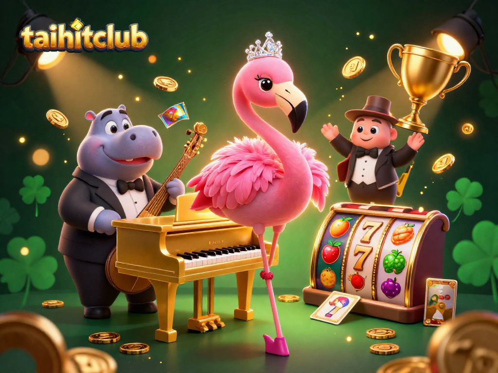 Experience the vibrant atmosphere of taihitclub featuring a flamboyant flamingo and hippo playing casino in stunning 3D.