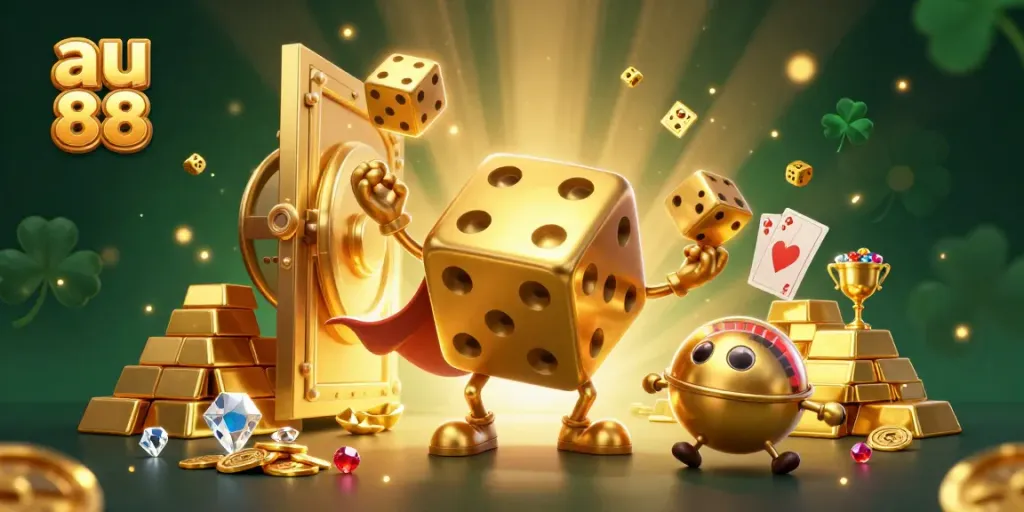 Experience the excitement at au 88 as golden dice juggle among treasures in a vibrant casino scene.