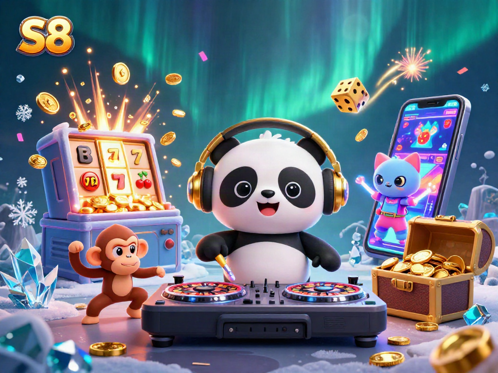 S8 slot lovers enjoy a vibrant casino scene with dancing characters and a jackpot explosion.