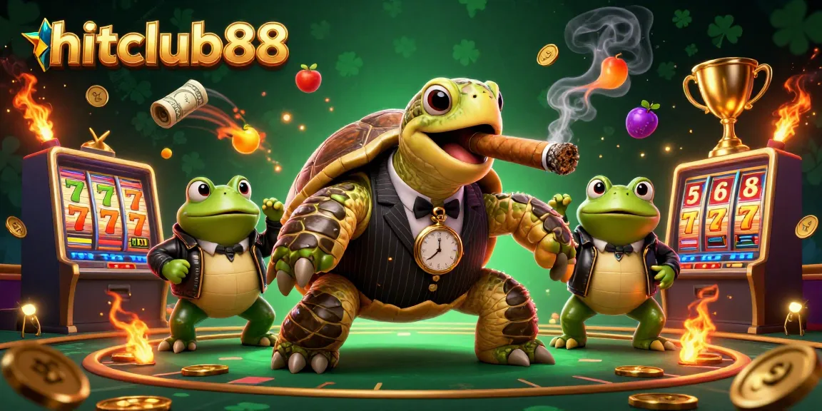 Experience thrilling games at hitclub88 with a 3D cartoon turtle enforcer in a casino vibrant setting.