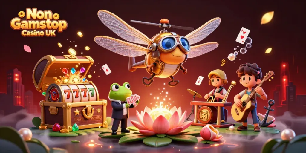 Experience thrilling gameplay at a Non Gamstop Casino UK with a vibrant 3D illustration of unique characters and elements.