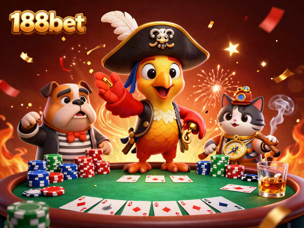 Engage with poker action in a vibrant 188bet casino scene featuring cartoon characters and game elements.