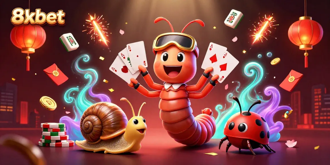 Engage with the lively 8xbet casino scene featuring cartoon characters like a millipede dealer and a high-roller snail.