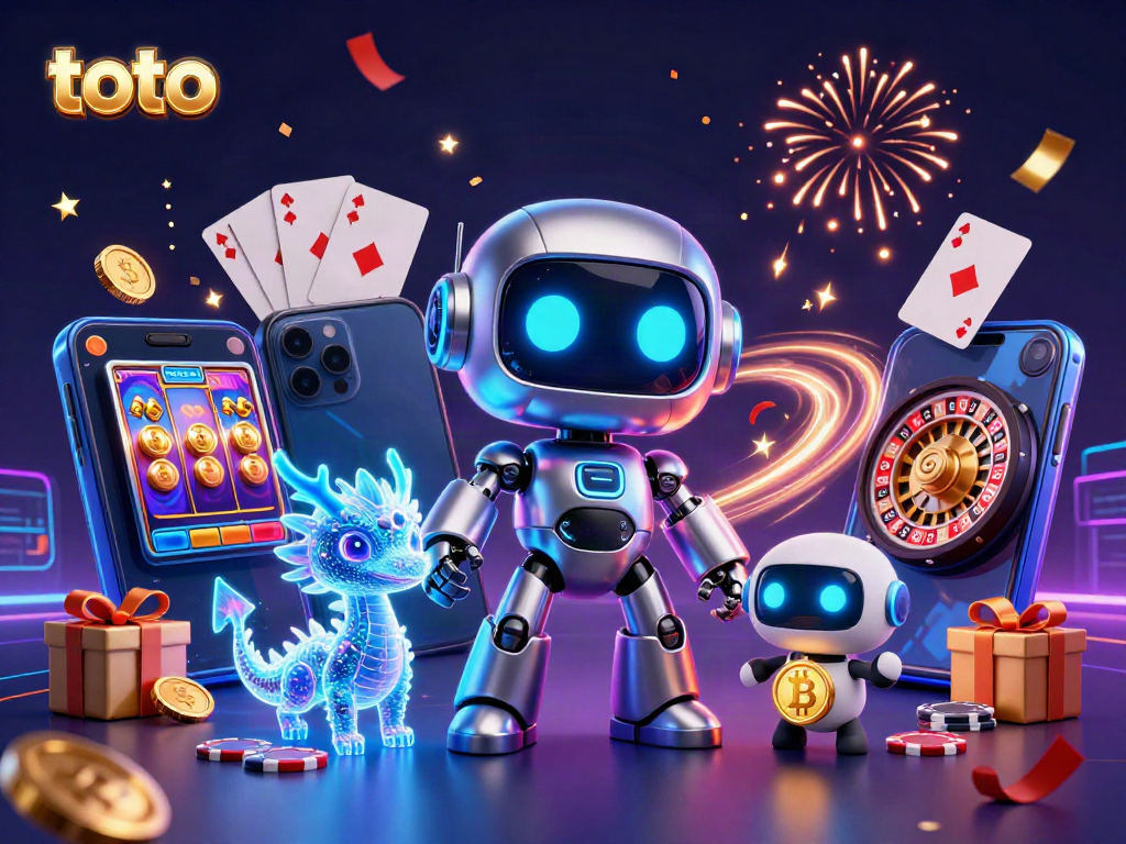 Experience thrilling gaming adventures with toto in a vibrant casino scene featuring a cyberpunk robot and holographic dragon.