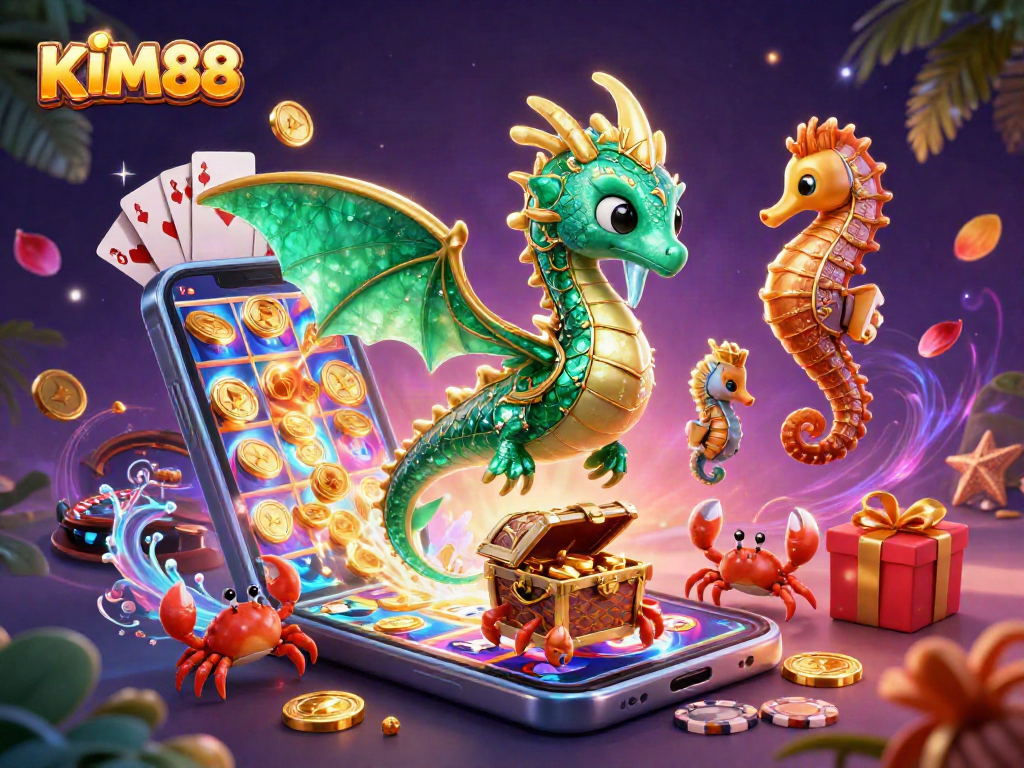 Win big with KIM88, featuring a vibrant sea dragon and slot games amidst treasure and crabs.