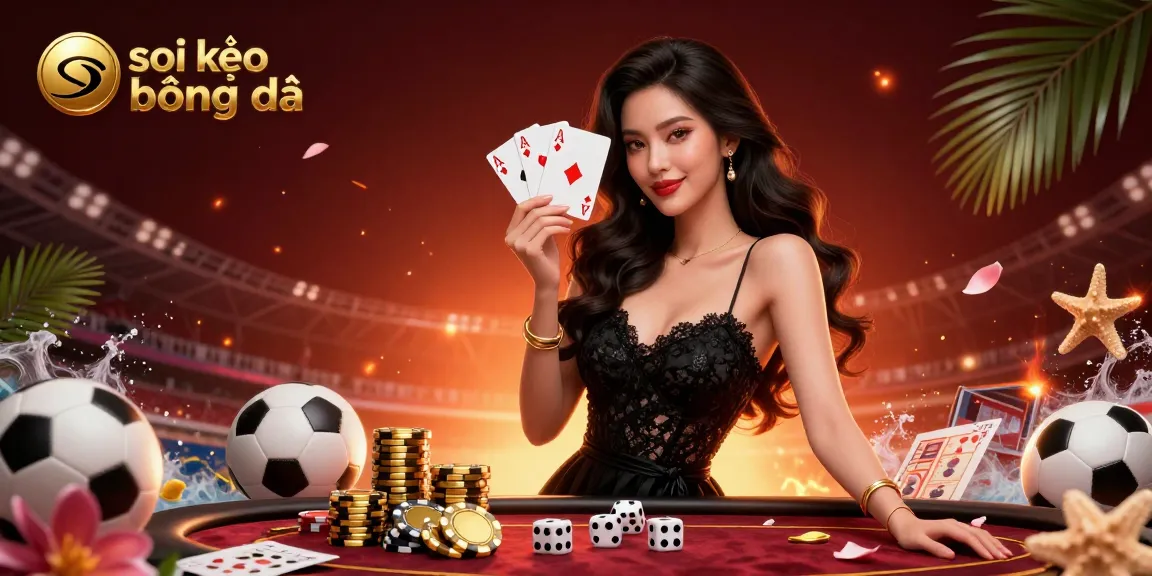 Engage in soi kèo bóng đá with a graceful Asian woman at a luxury casino surrounded by sports elements.
