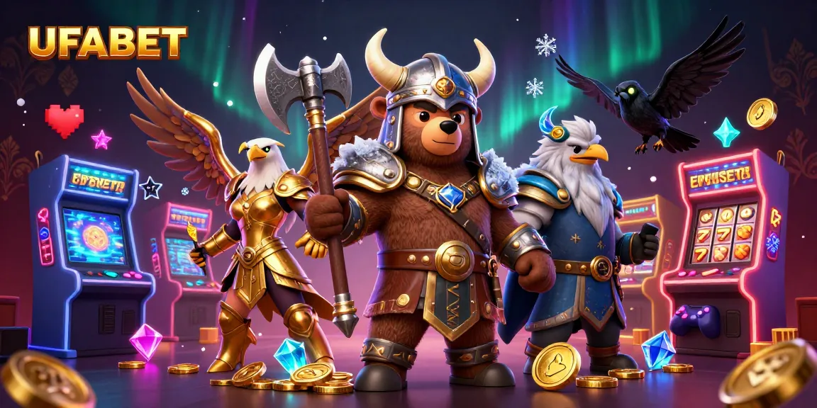 Experience the thrill of UFABET as the Viking bear battles for jackpots amidst vibrant casino elements.
