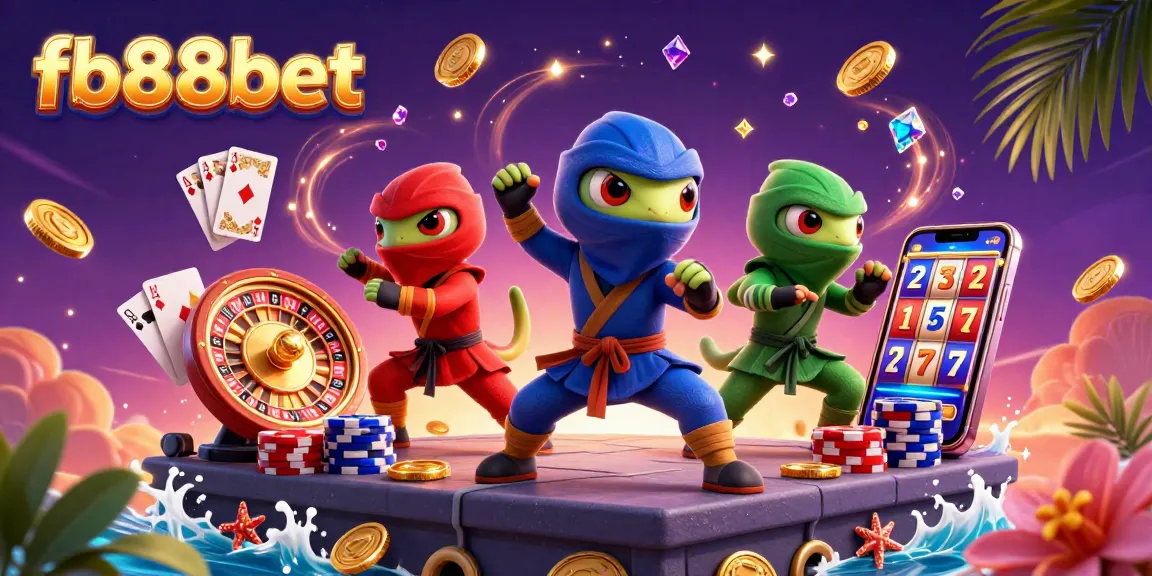 Experience thrilling action with fb88bet ninja chameleons performing martial arts in a vibrant casino scene.