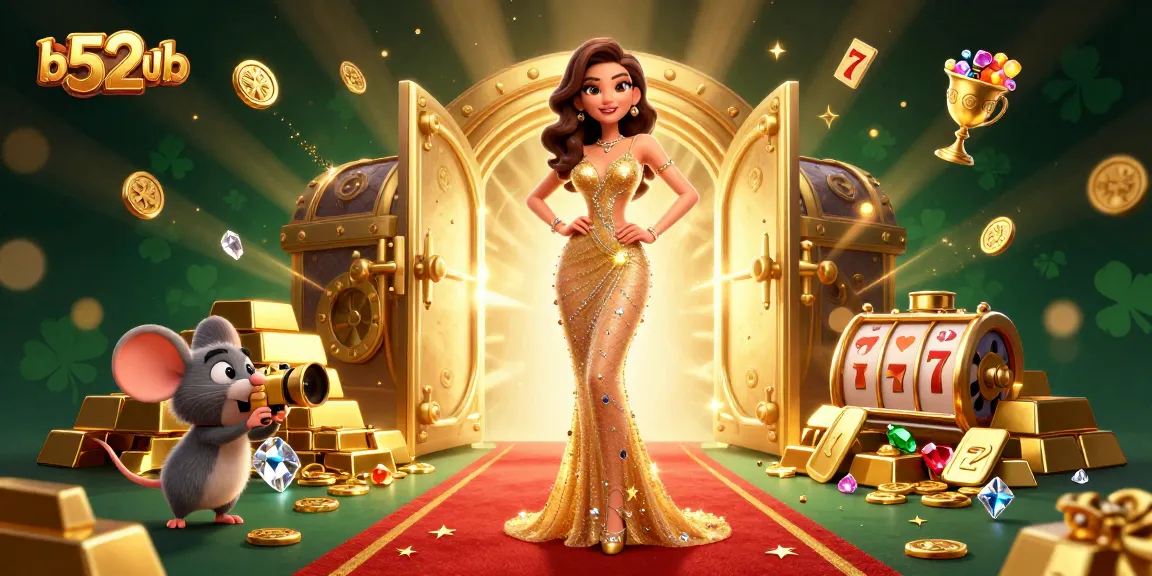 Spin the reels at b52club and discover a stunning casino scene with golden treasures and vibrant characters.