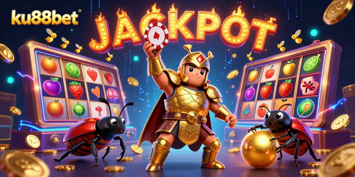 Engage with ku88bet's thrilling slots and jackpots in this vibrant, detailed illustration.
