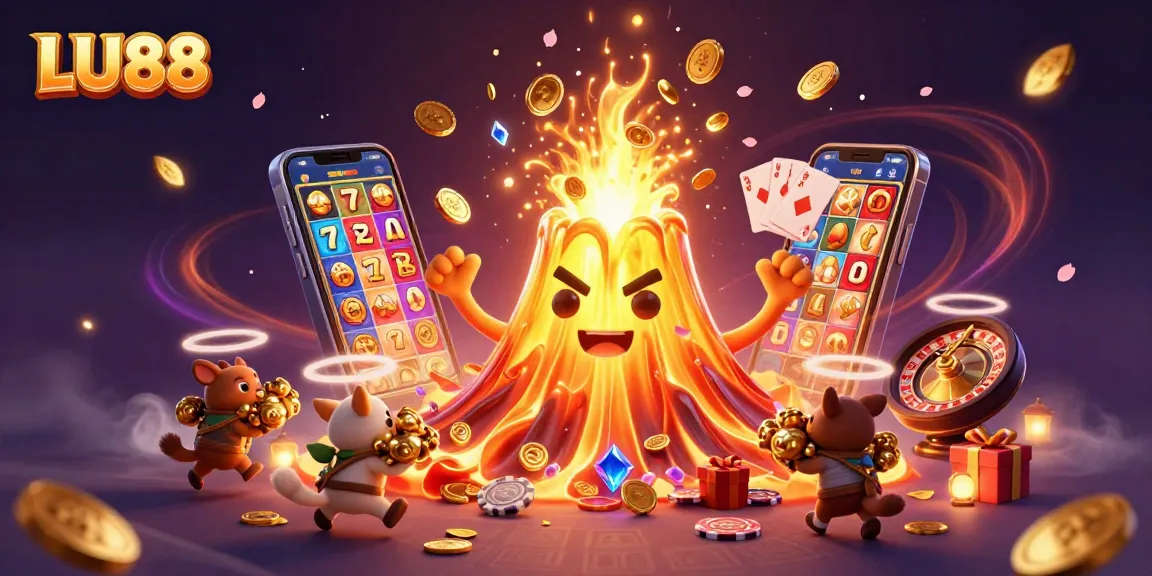 LU88 showcases thrilling casino excitement with lively elements and a volcano erupting treasures.