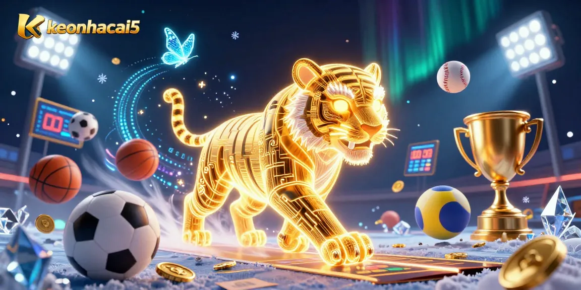 Engage with keonhacai5 in a vibrant sports betting illustration featuring neon-wireframe tiger and dynamic sports elements.