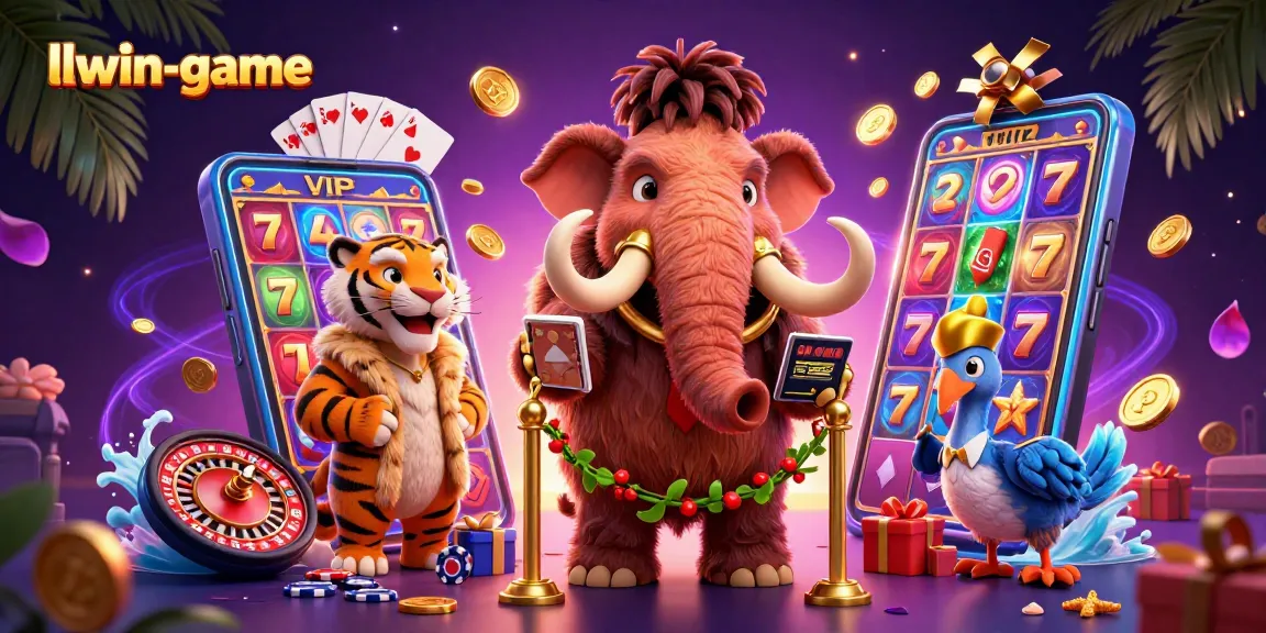 Experience llwin-game with a lively atmosphere featuring a woolly mammoth bouncer and VIP guests at the casino entrance.