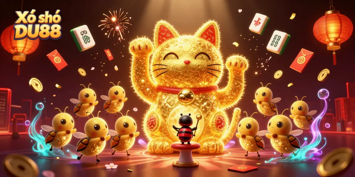 Xổ số DU88 offers an exciting lottery experience featuring vibrant golden fireflies and lucky symbols.