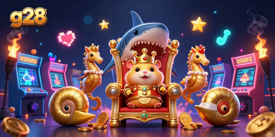 g28 casino-themed scene featuring a golden hamster king on a megalodon throne amidst gaming elements