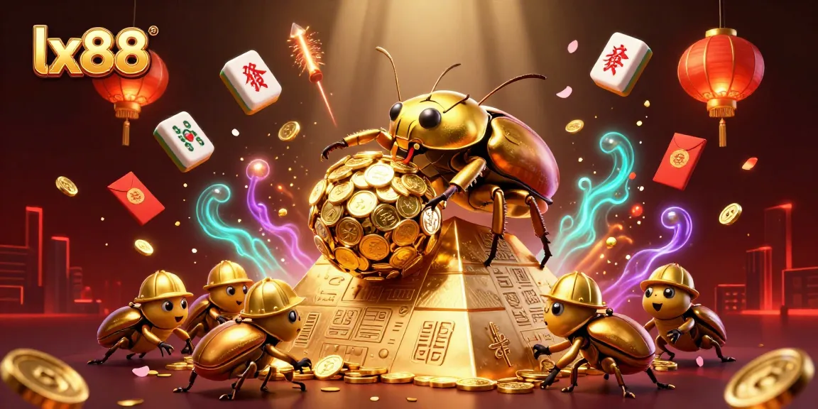 lx88 showcases an epic gambling adventure with a golden beetle rolling coins in a vibrant casino atmosphere.