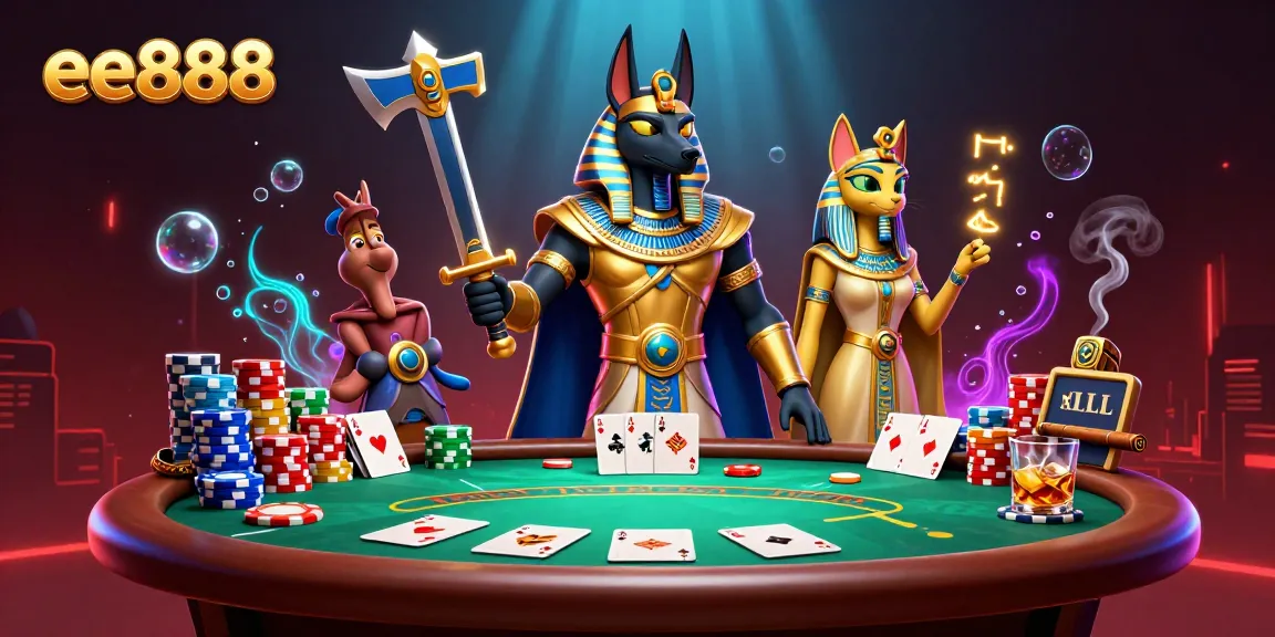 Engage with ee888's thrilling poker scene featuring Anubis and Bastet amidst colorful chips and cards.