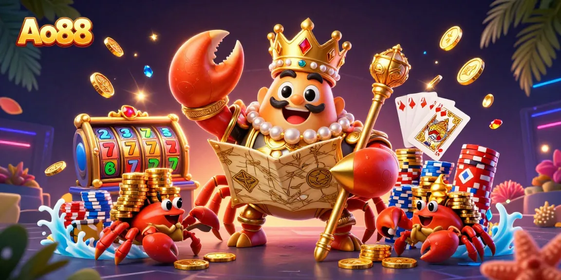 Engage with Ao88's colorful slot machine experience featuring a grand golden crab emperor
