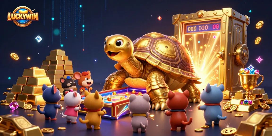 Experience dynamic gaming excitement at LUCKYWIN with vibrant gold treasures and animated characters.