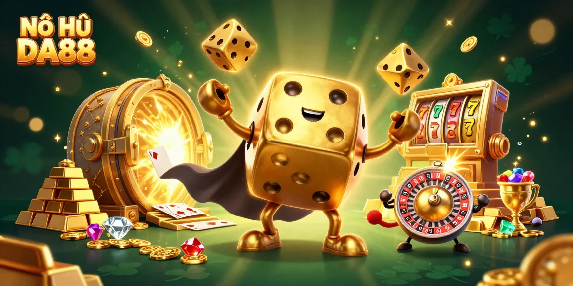 Nổ Hũ DA88 showcases the thrill of jackpot slots with vibrant characters and dazzling treasures.