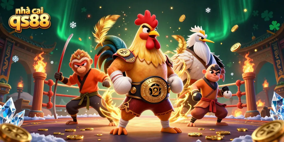 Experience thrilling action at nhà cái qs88 with a dynamic 3D illustration of martial arts champions amidst rich casino elements.