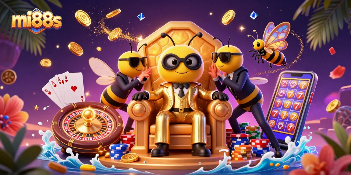 Play engaging games at mi88s, featuring spectacular 3D casino characters amidst dazzling golden coins.