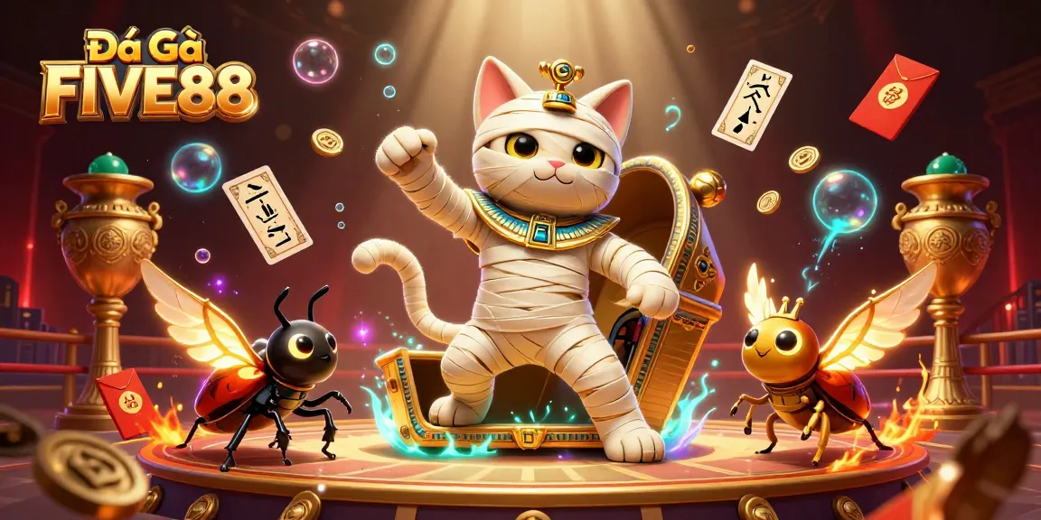Engage with Đá Gà FIVE88 as the 3D Egyptian mummy cat and scarab beetle dominate the cockfighting arena.