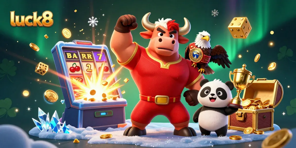 Exciting scene showing luck8 characters celebrating a massive jackpot in a vibrant casino atmosphere
