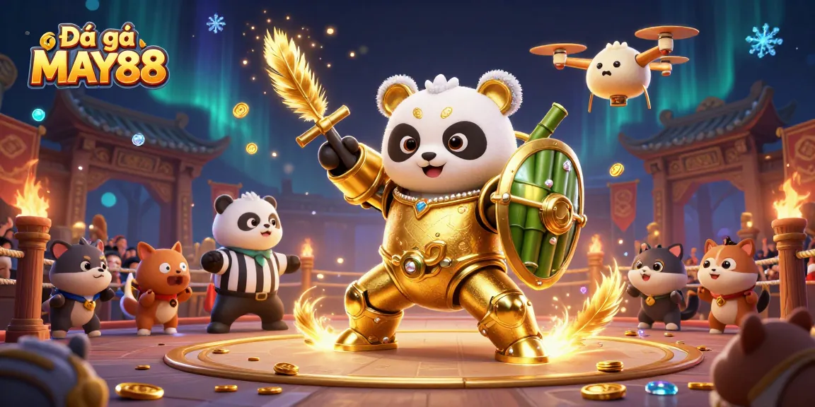 Experience the excitement of Đá gà MAY88 with a dynamic illustration of a mech-suit panda in action.
