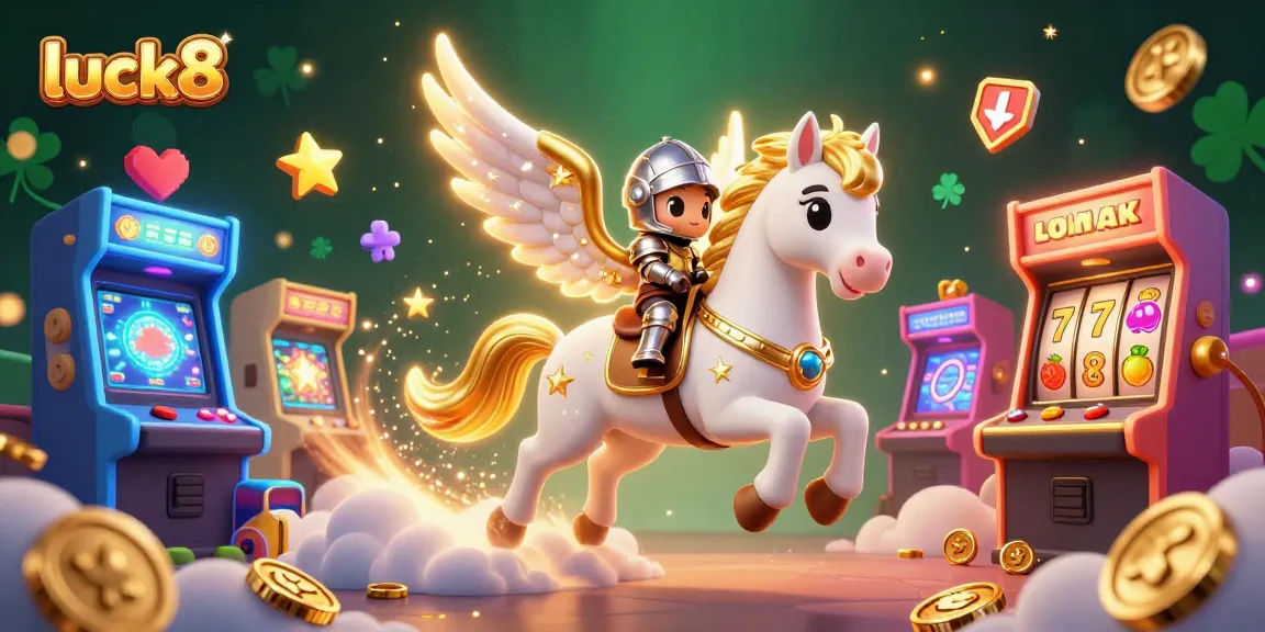 Engage with luck8 as the celestial horse and knight reveal a vibrant gaming world with slot reels, coins, and stars.