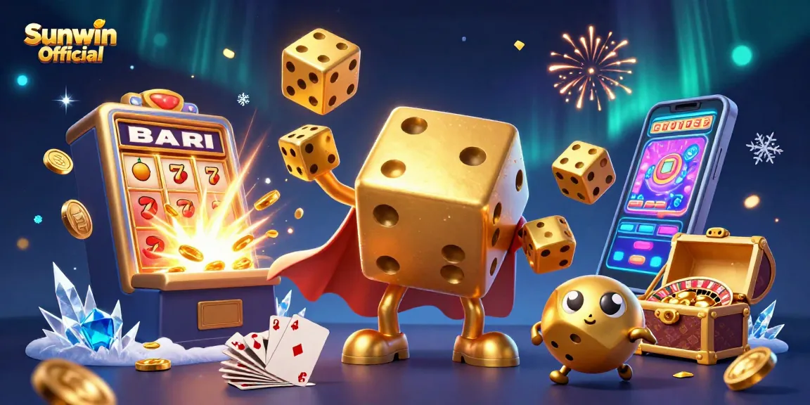 Engage with Sunwin Official as the golden dice golem juggles winnings in this vibrant casino scene.