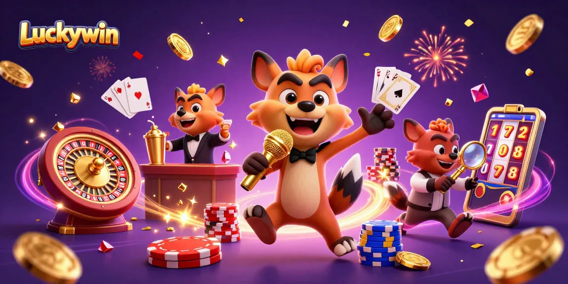 Luckywin hyenas animate a vibrant casino scene, showcasing comedy, cocktails, and ID checks amid vibrant game elements.