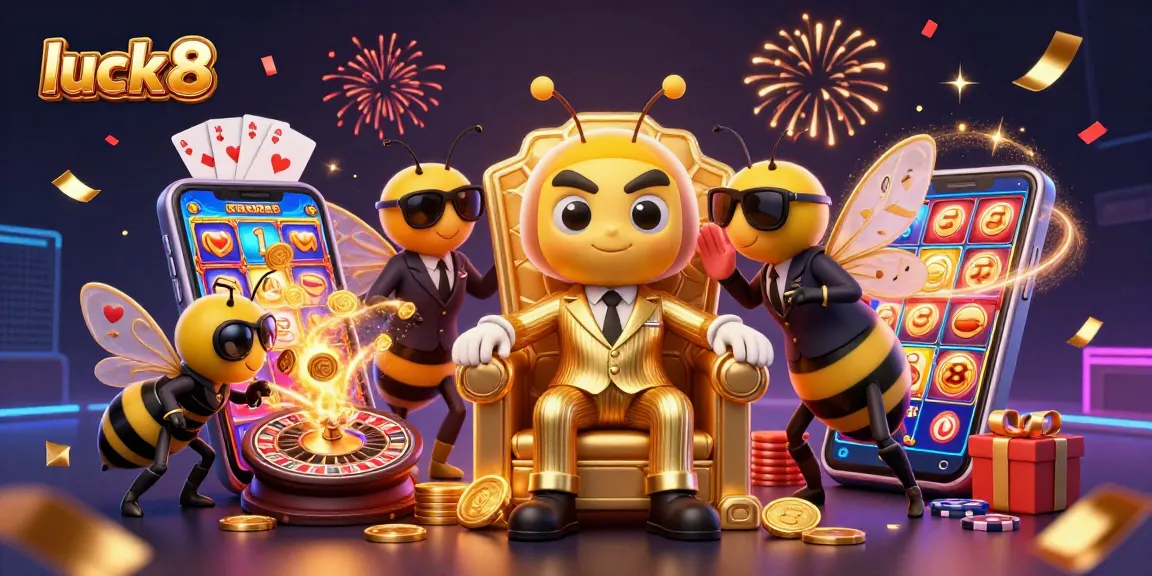 Play exciting slot games with luck 8 illustrated by a bumblebee mob boss and vibrant casino elements.